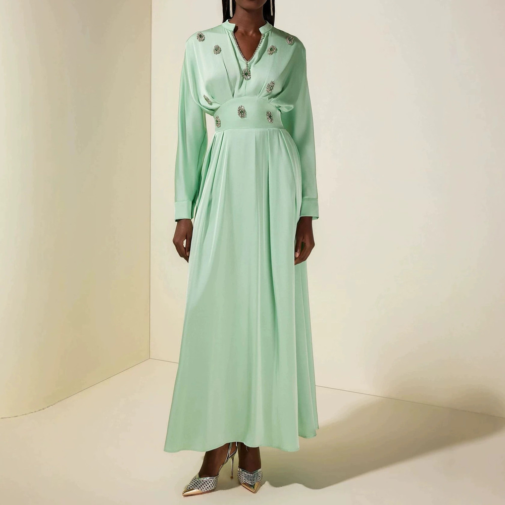 Forever 21 Light Green Long-Sleeve Rhinestone Collar Cinched Waist Dress